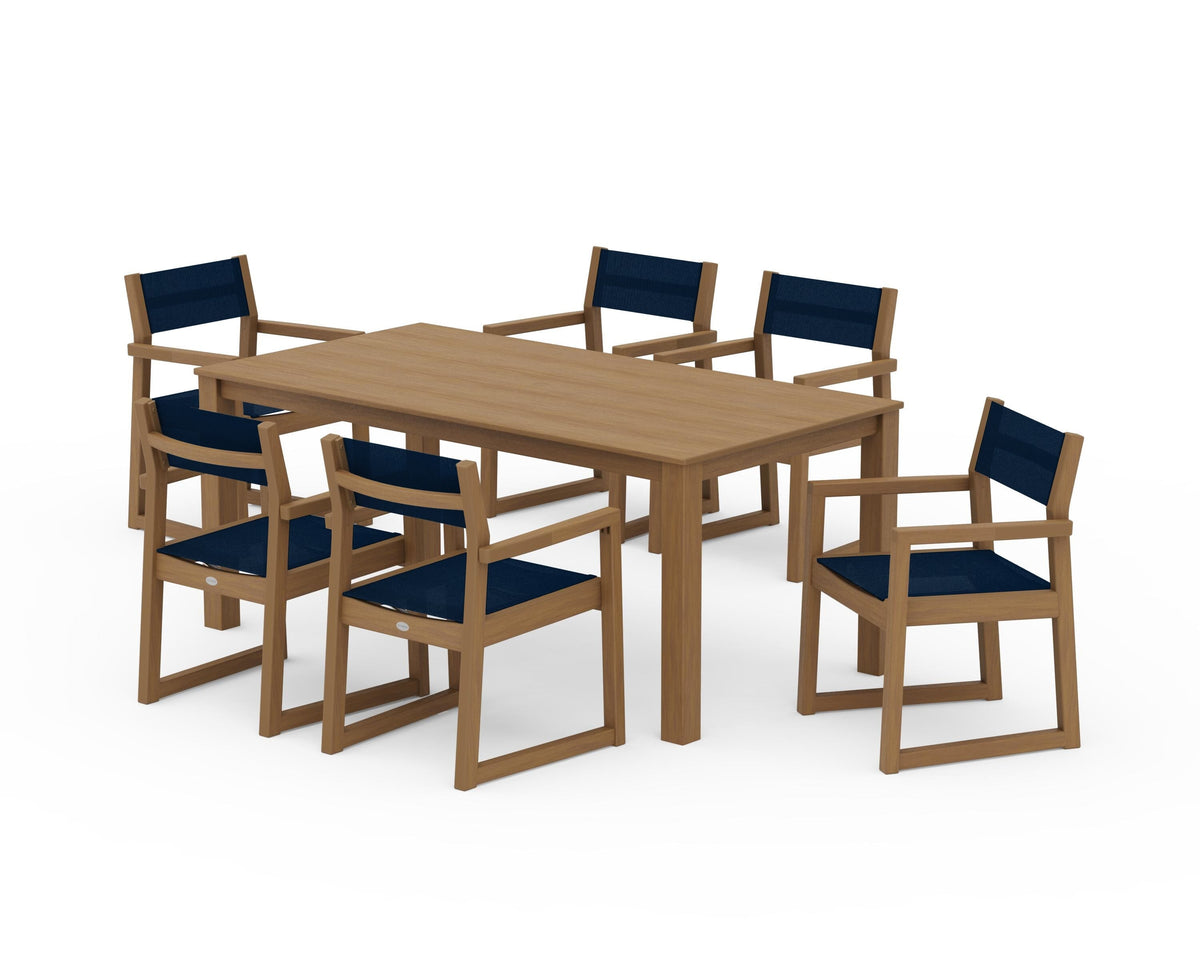 POLYWOOD EDGE Sling Arm Chair 7-Piece Parsons Dining Set in Natural / Navy Blue