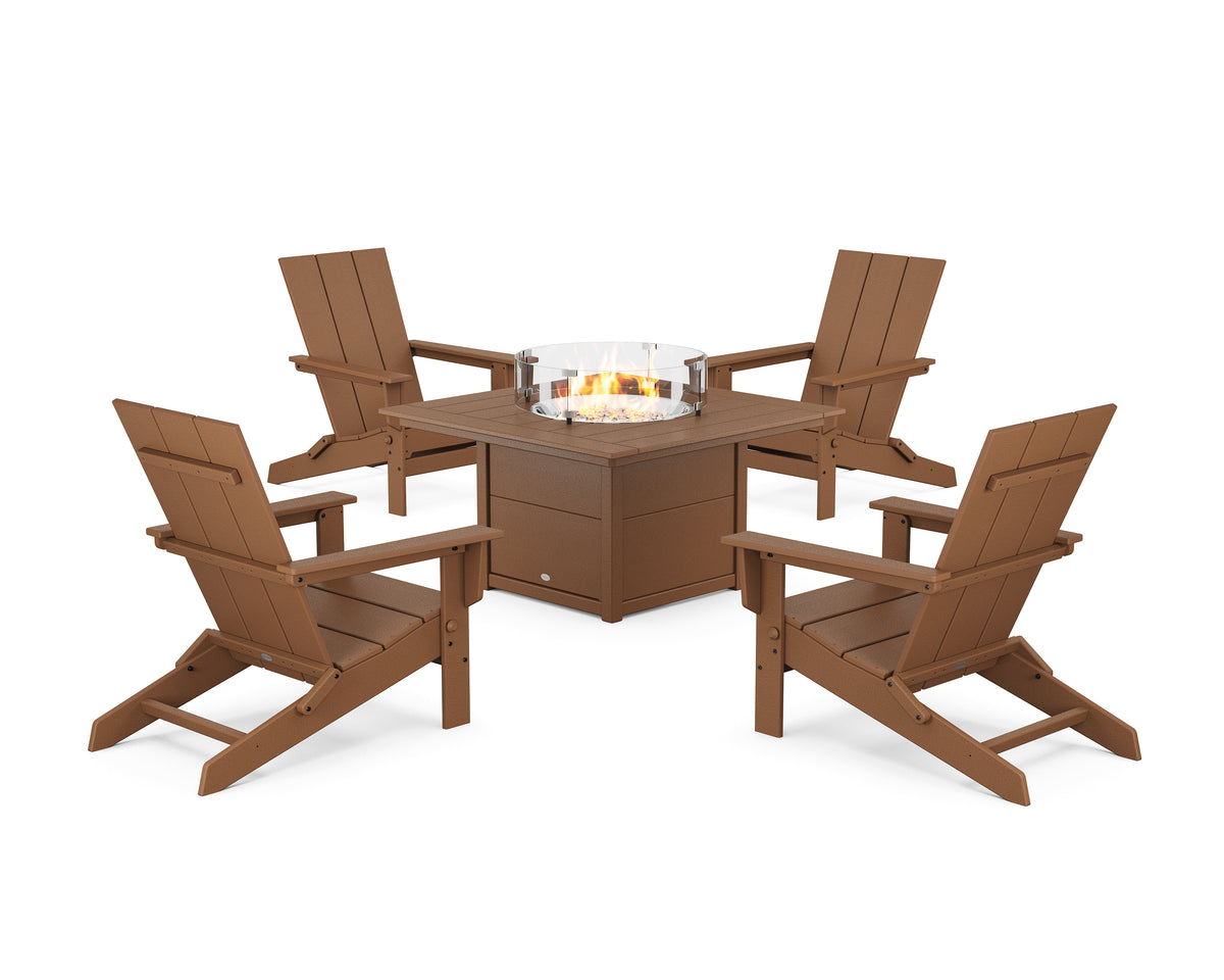 POLYWOOD 5-Piece Modern Studio Folding Adirondack Conversation Set with Fire Pit Table in Teak