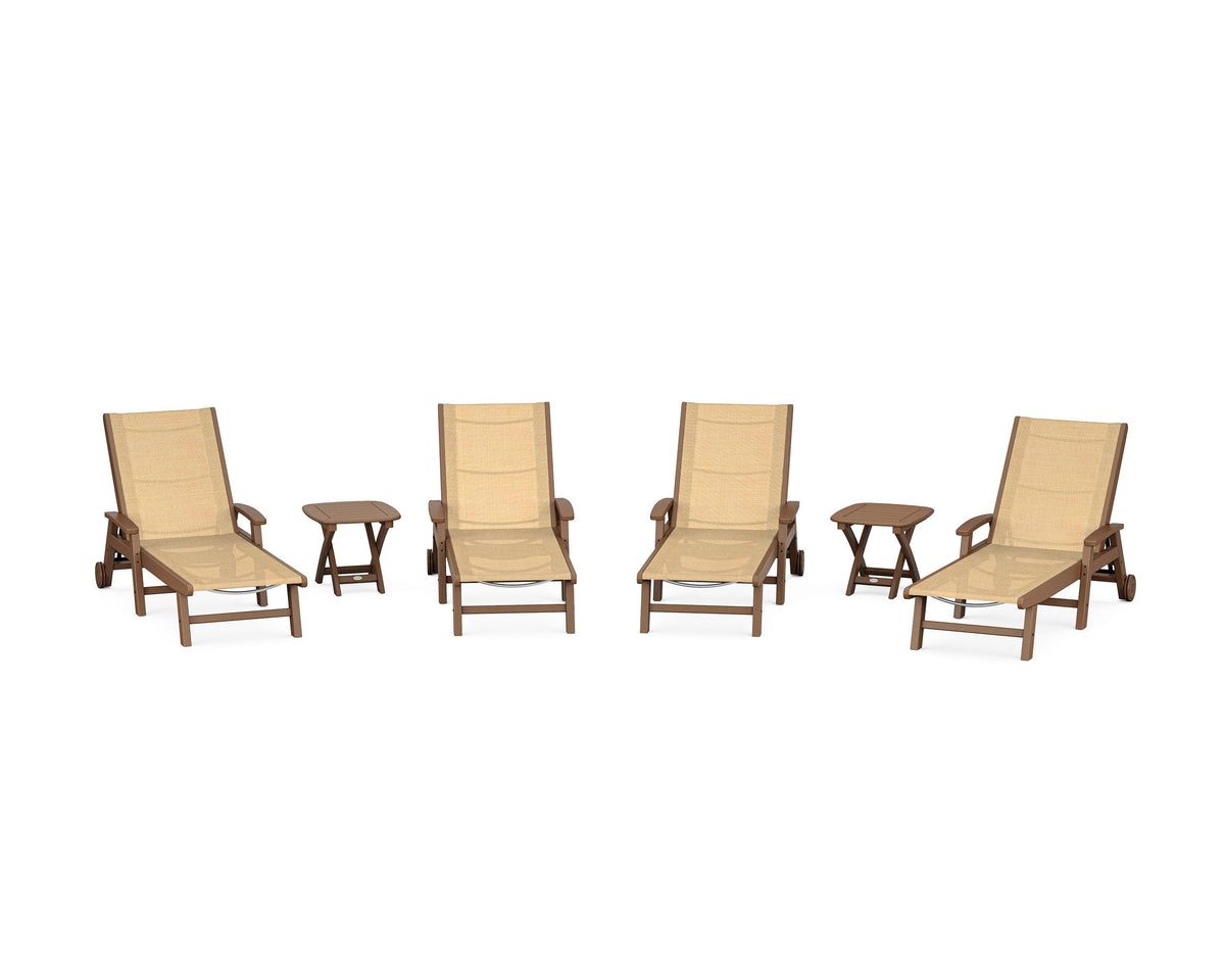 POLYWOOD Coastal Chaise 6-Piece Set with Wheels in Teak / Dupioni Apricot