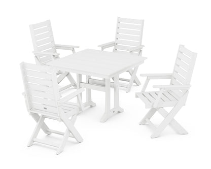 POLYWOOD Captain Folding Chair 5-Piece Farmhouse Dining Set with Trestle Legs - 37" Table in White