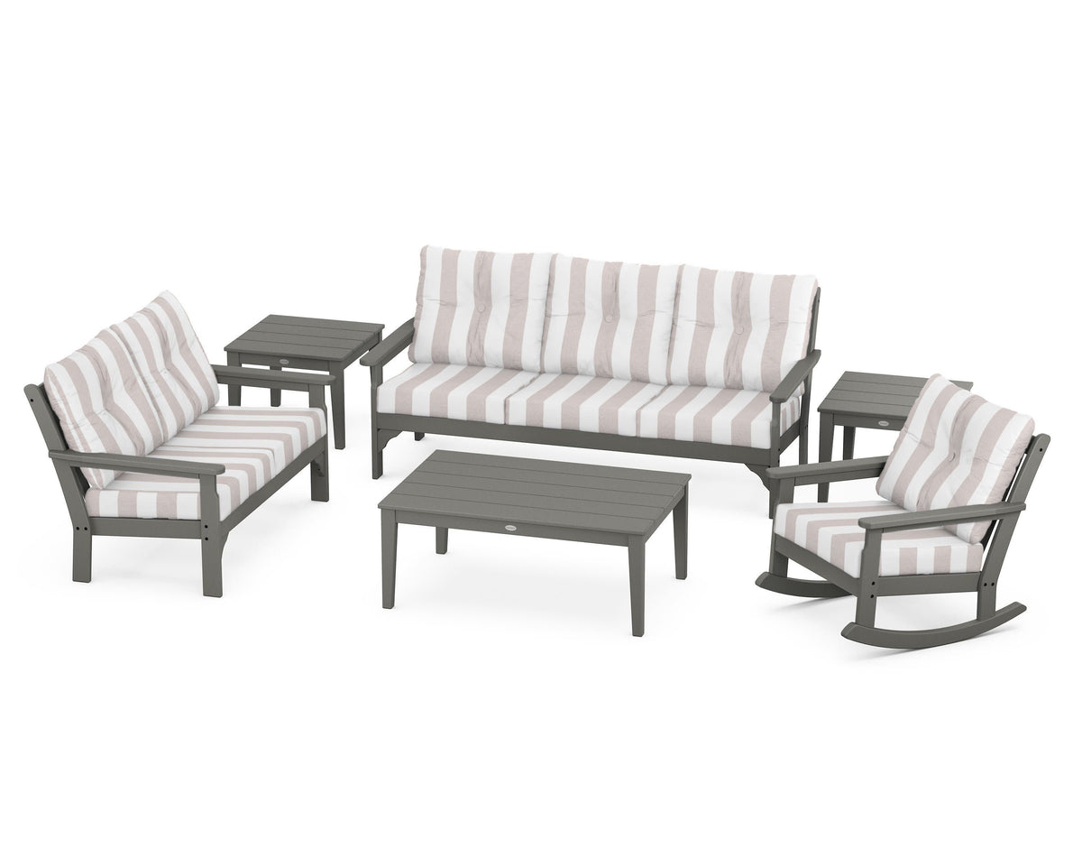 POLYWOOD Vineyard 6-Piece Deep Seating Set with Rocking Chair in Slate Grey / Cabana Stripe Dune Burlap