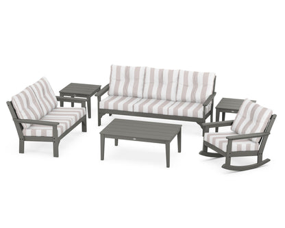 POLYWOOD Vineyard 6-Piece Deep Seating Set with Rocking Chair in Slate Grey / Cabana Stripe Dune Burlap