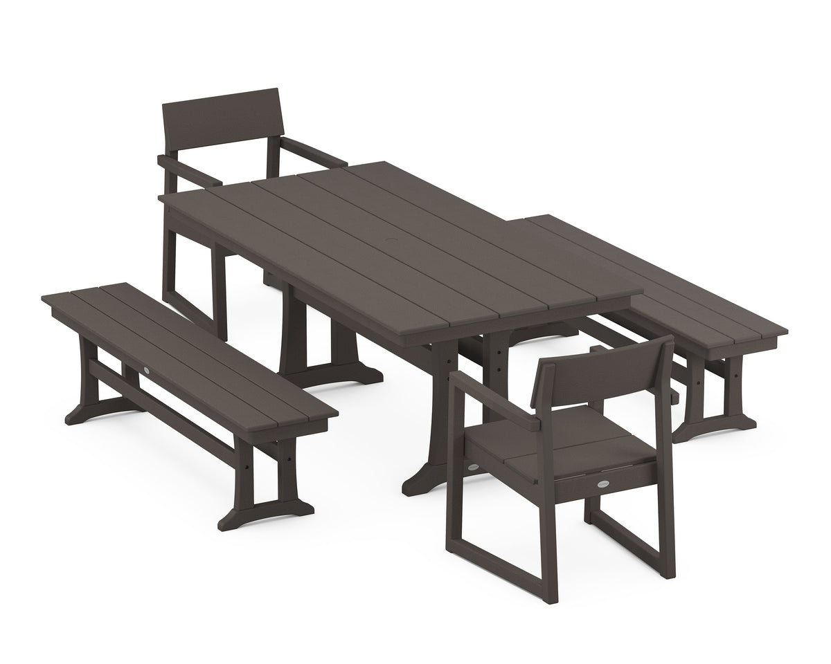 POLYWOOD EDGE 5-Piece Farmhouse Dining Set with Trestle Legs (Farmhouse Trestle 37" x 72" Table) in Vintage Coffee