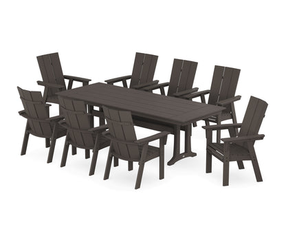 POLYWOOD Modern Curveback Adirondack 9-Piece Farmhouse Dining Set with Trestle Legs in Vintage Coffee