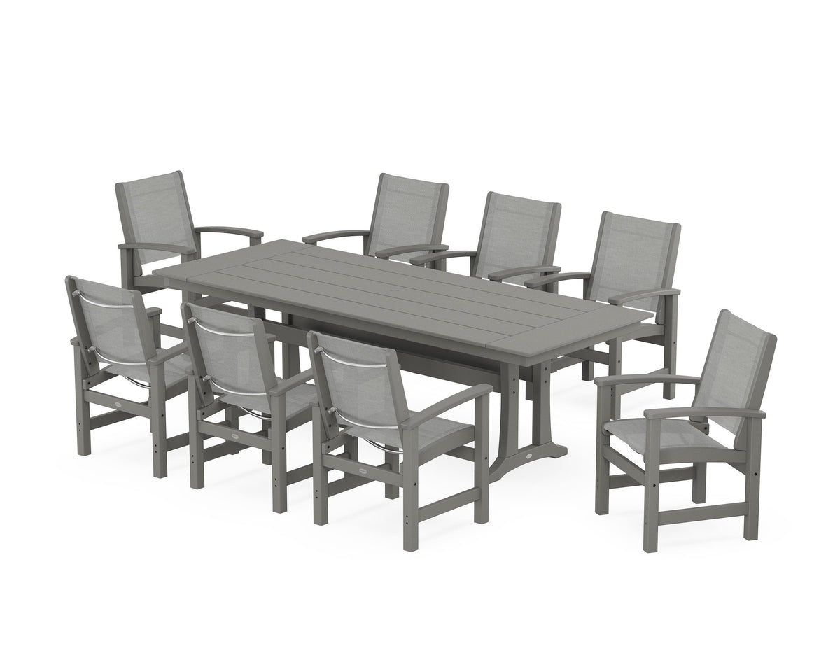 POLYWOOD Coastal 9-Piece Farmhouse Dining Set with Trestle Legs in Slate Grey / Metallic
