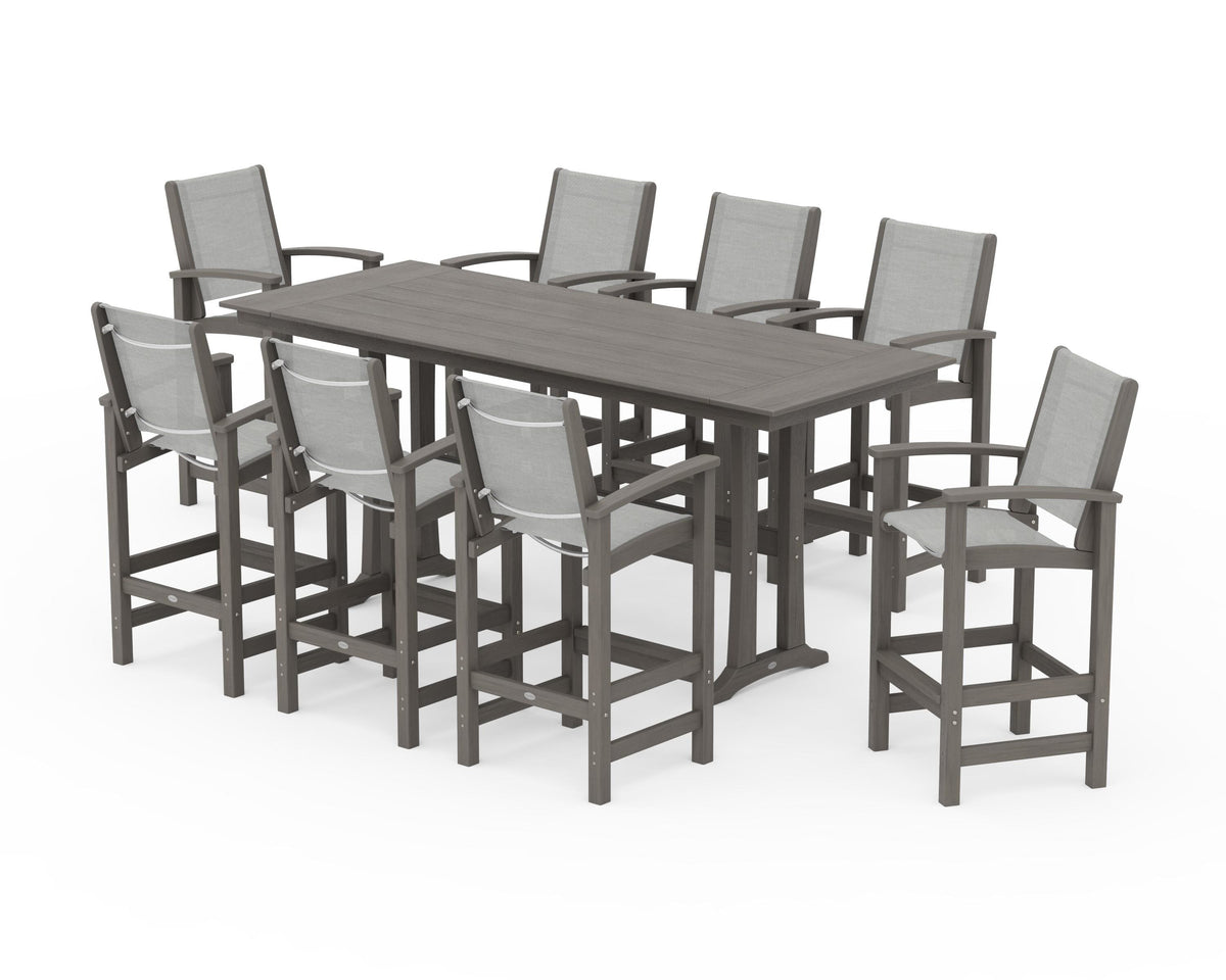 POLYWOOD Coastal 9-Piece Farmhouse Bar Set with Trestle Legs in Driftwood / Metallic