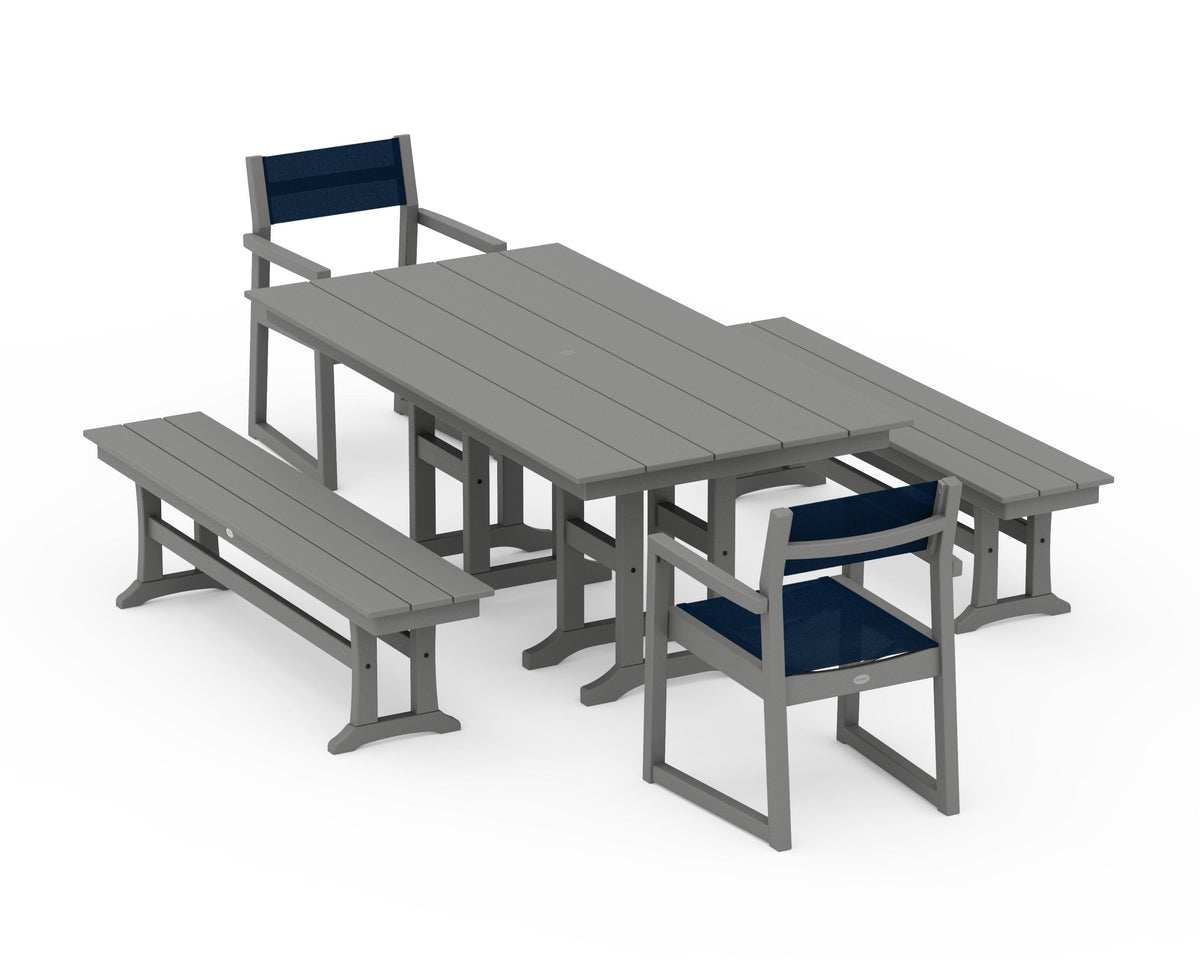 POLYWOOD EDGE Sling Arm Chair 5-Piece Farmhouse Dining Set with Benches in Slate Grey / Navy Blue