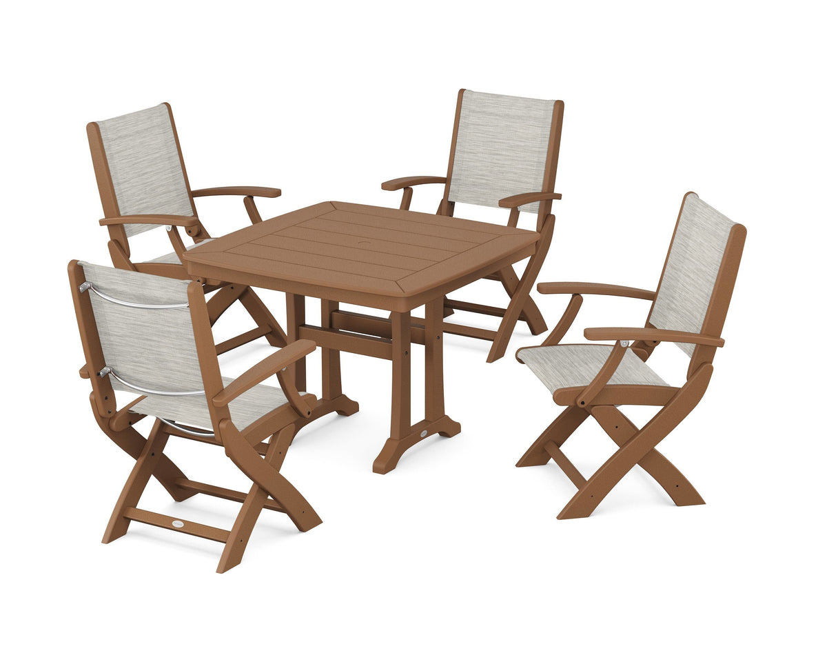 POLYWOOD Coastal Folding Chair 5-Piece Dining Set with Trestle Legs in Teak / Birch