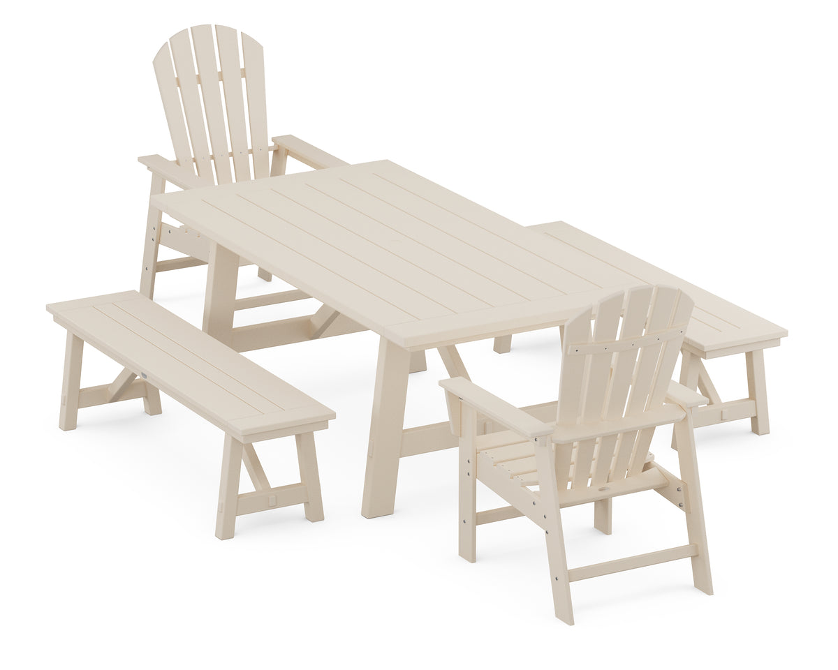 POLYWOOD South Beach 5-Piece Rustic Farmhouse Dining Set with Benches in Sand