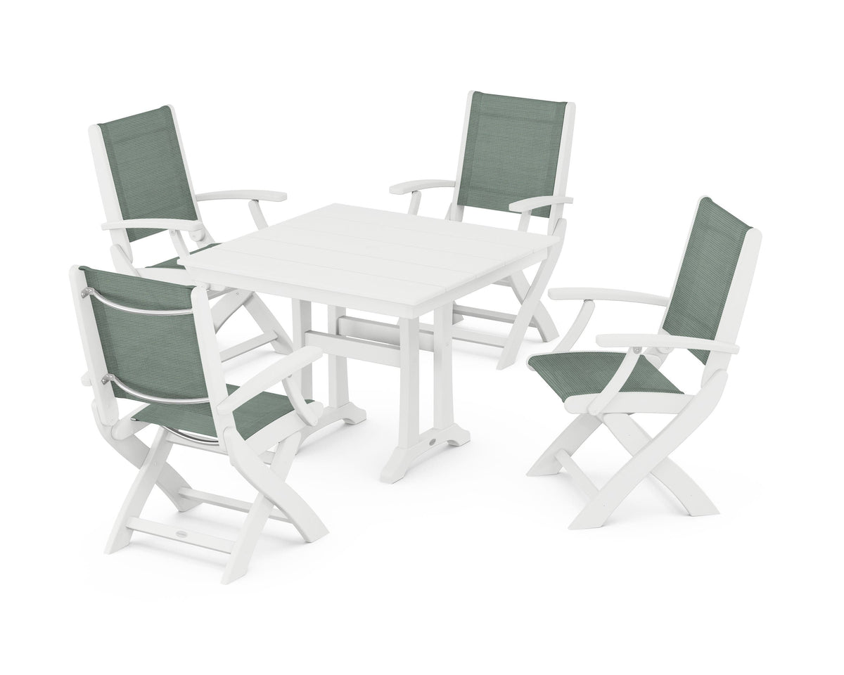 POLYWOOD Coastal Folding Chair 5-Piece Farmhouse Dining Set With Trestle Legs in White / Dupioni Sea Mist