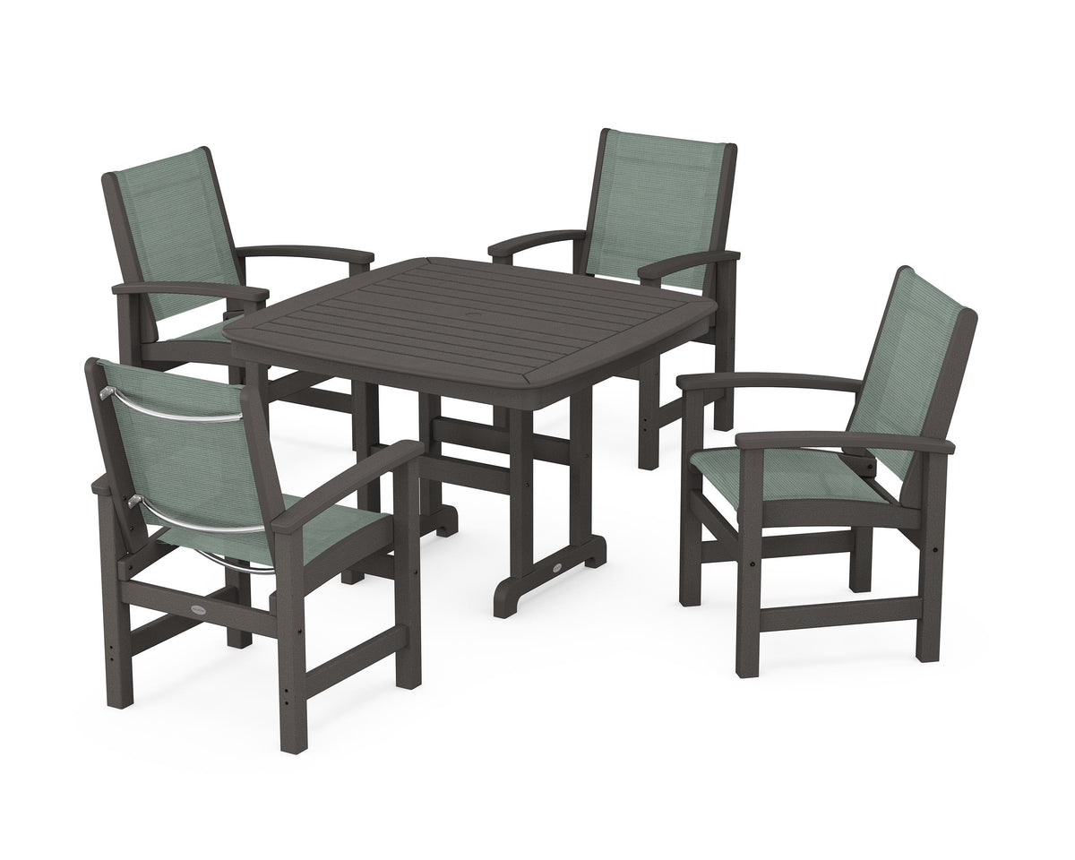 POLYWOOD Coastal 5-Piece Dining Set with Nautical 44" Dining Table in Vintage Coffee / Dupioni Sea Mist