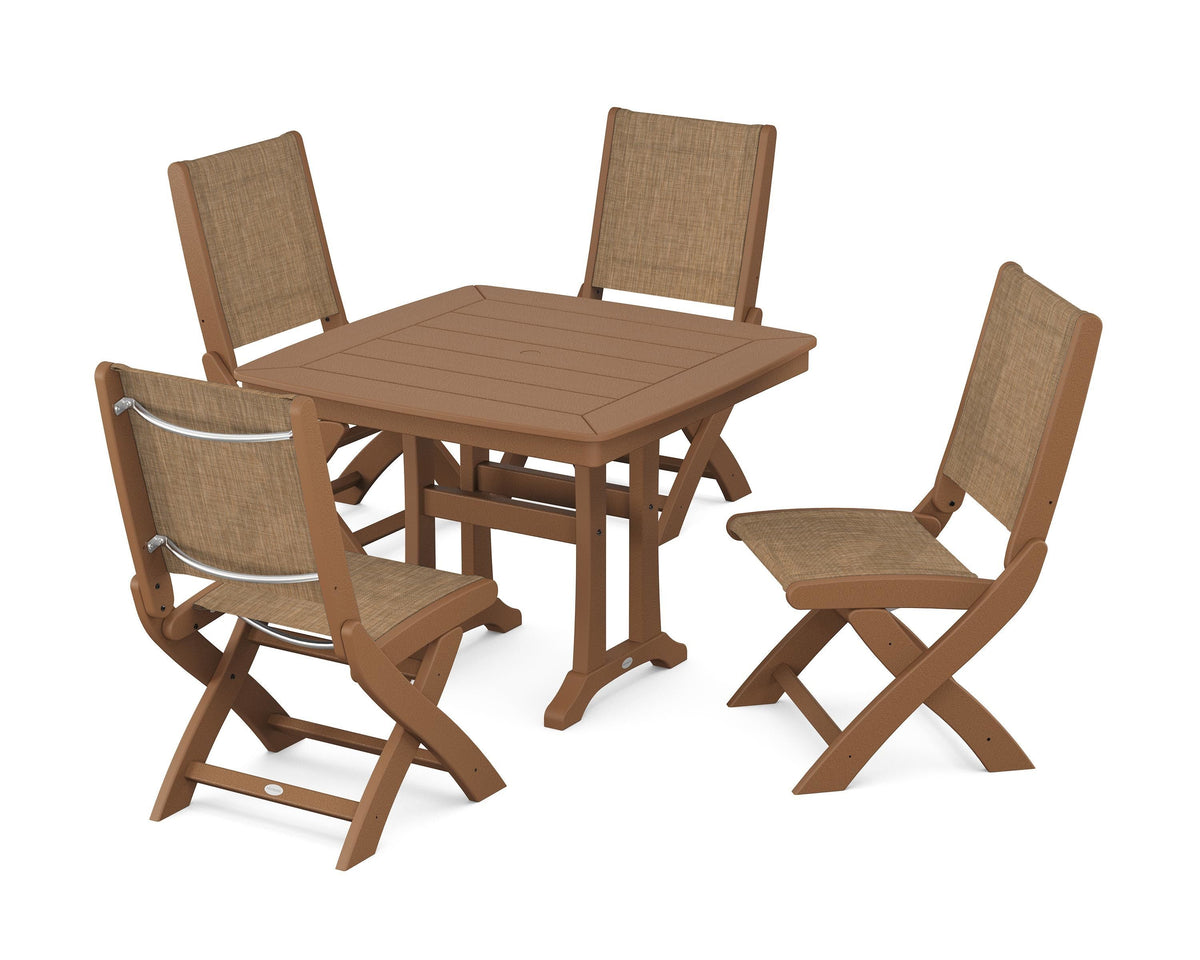POLYWOOD Coastal Folding Side Chair 5-Piece Dining Set with Trestle Legs in Teak / Burlap