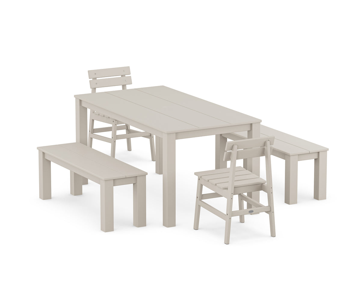 POLYWOOD Modern Studio Plaza Chair 5-Piece Parsons Dining Set with Benches - 34" x 64" Table in Sand