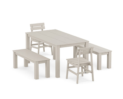 POLYWOOD Modern Studio Plaza Chair 5-Piece Parsons Dining Set with Benches - 34" x 64" Table in Sand