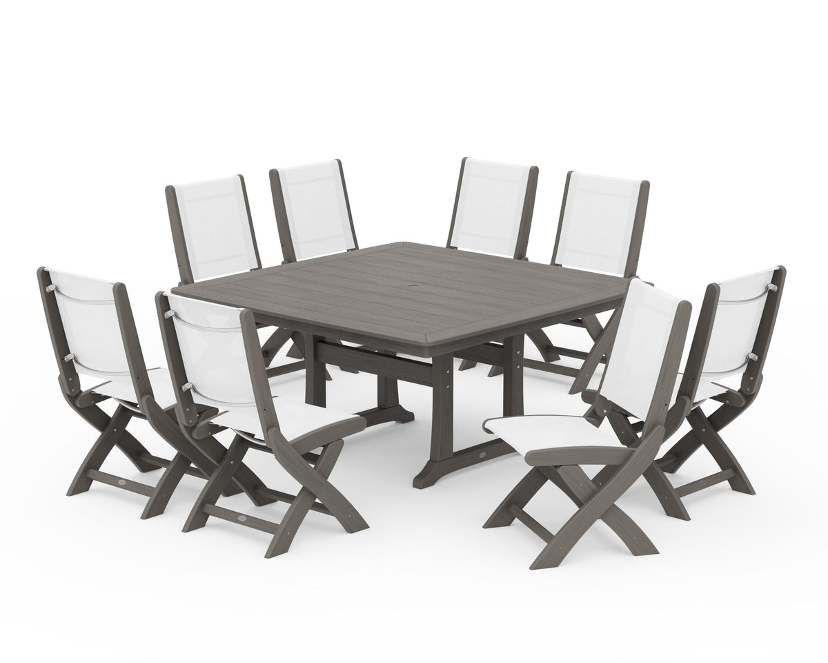POLYWOOD Coastal Folding Side Chair 9-Piece Dining Set with Trestle Legs in Driftwood / White