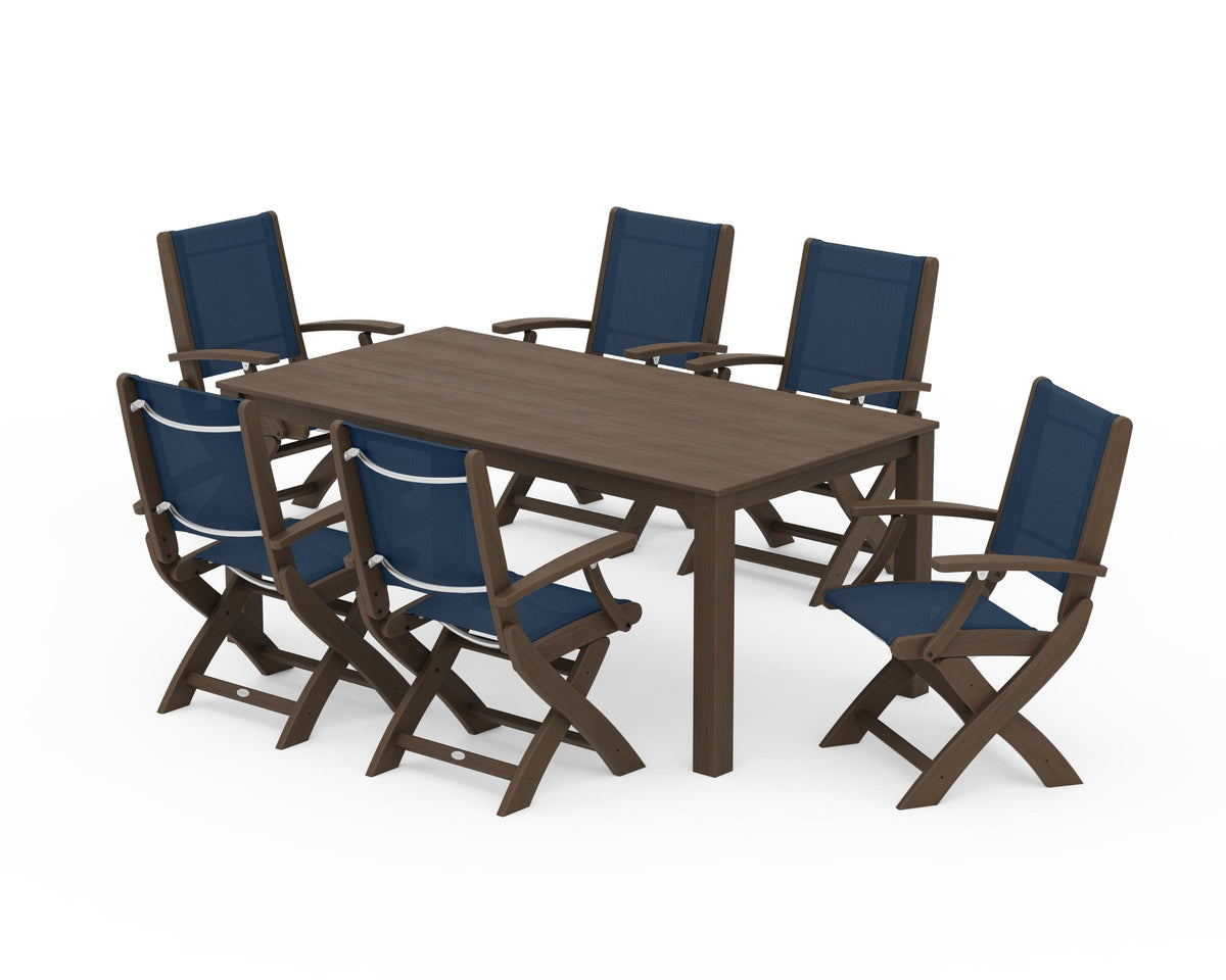POLYWOOD Coastal Folding Chair 7-Piece Parsons Dining Set in Kona / Navy Blue
