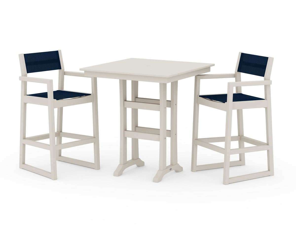 POLYWOOD EDGE Sling Arm Chair 3-Piece Farmhouse Bar Set with Trestle Legs in Sand / Navy Blue