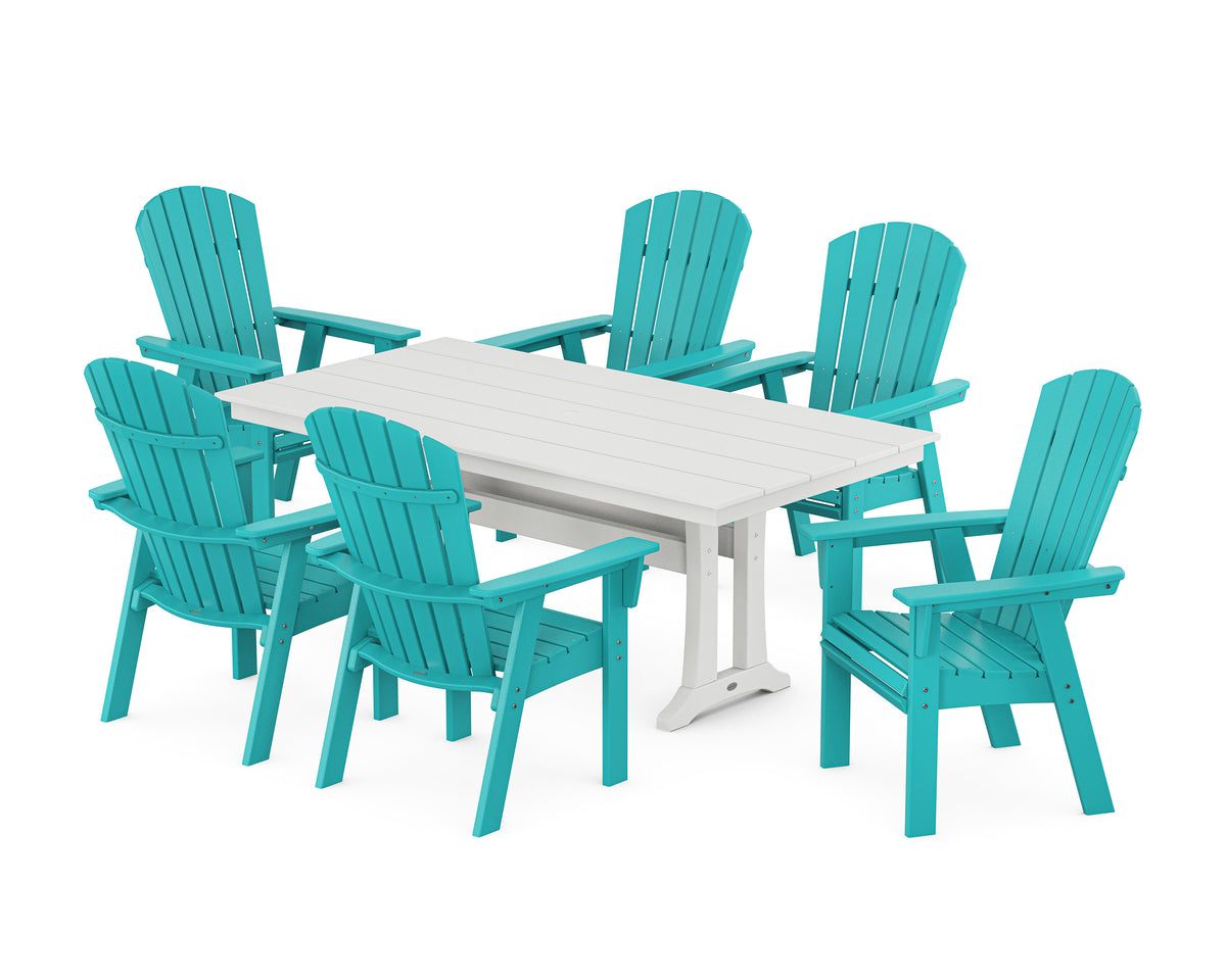 POLYWOOD Nautical Curveback Adirondack 7-Piece Farmhouse Dining Set with Trestle Legs in Aruba / White