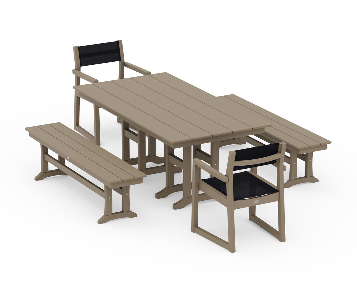 POLYWOOD EDGE Sling Arm Chair 5-Piece Farmhouse Dining Set with Benches in Vintage Sahara / Black