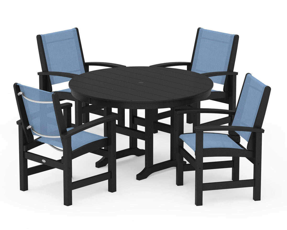 POLYWOOD Coastal 5-Piece Round Farmhouse Dining Set in Black / Poolside