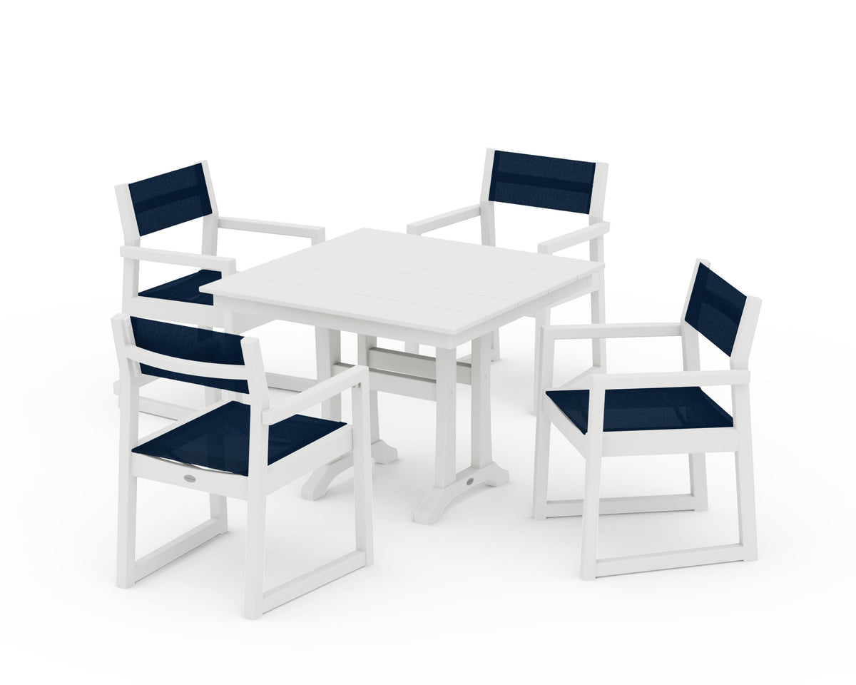 POLYWOOD EDGE Sling 5-Piece Farmhouse Dining Set with Trestle Legs in Vintage White / Navy Blue