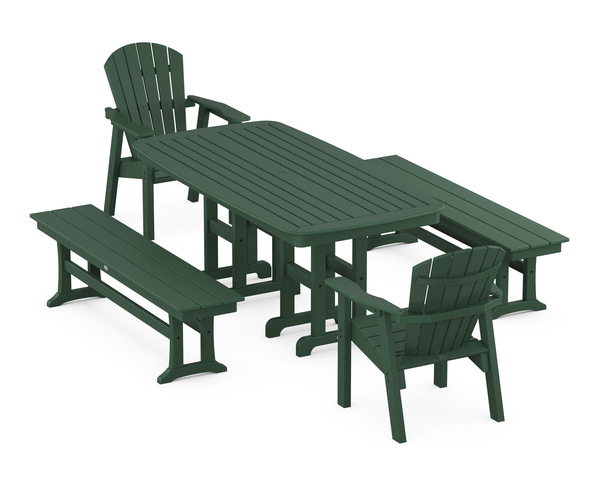 POLYWOOD Seashell 5-Piece Dining Set with Benches - 37" x 72" Table in Green