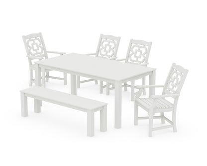 POLYWOOD Chinoiserie 6-Piece Parsons Dining Set with Bench in Vintage White