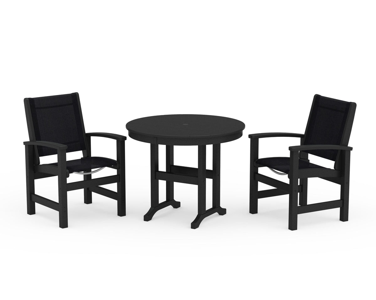 POLYWOOD Coastal 3-Piece Round Dining Set in Black / Black