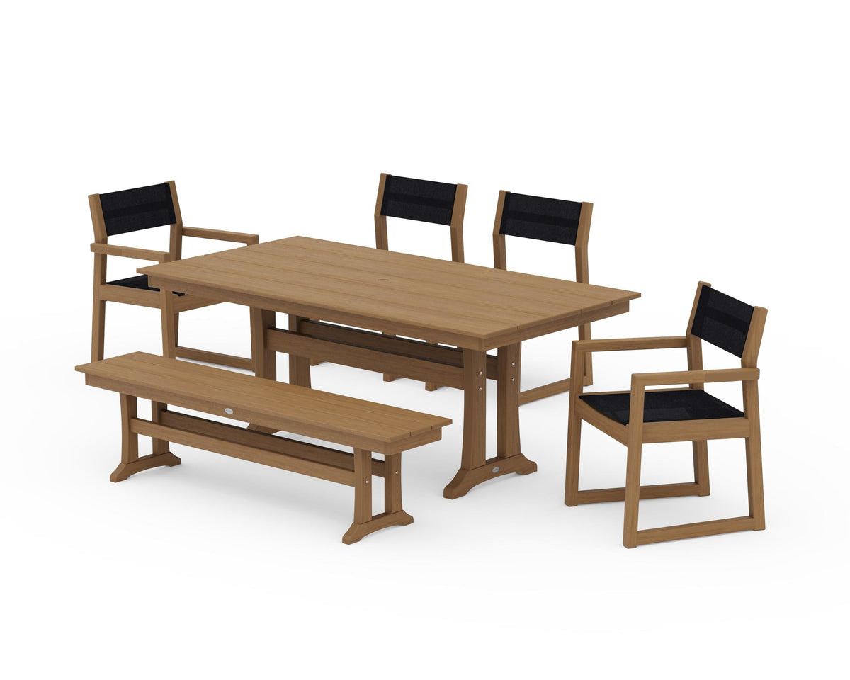 POLYWOOD EDGE Sling 6-Piece Farmhouse Dining Set With Trestle Legs in Natural / Black