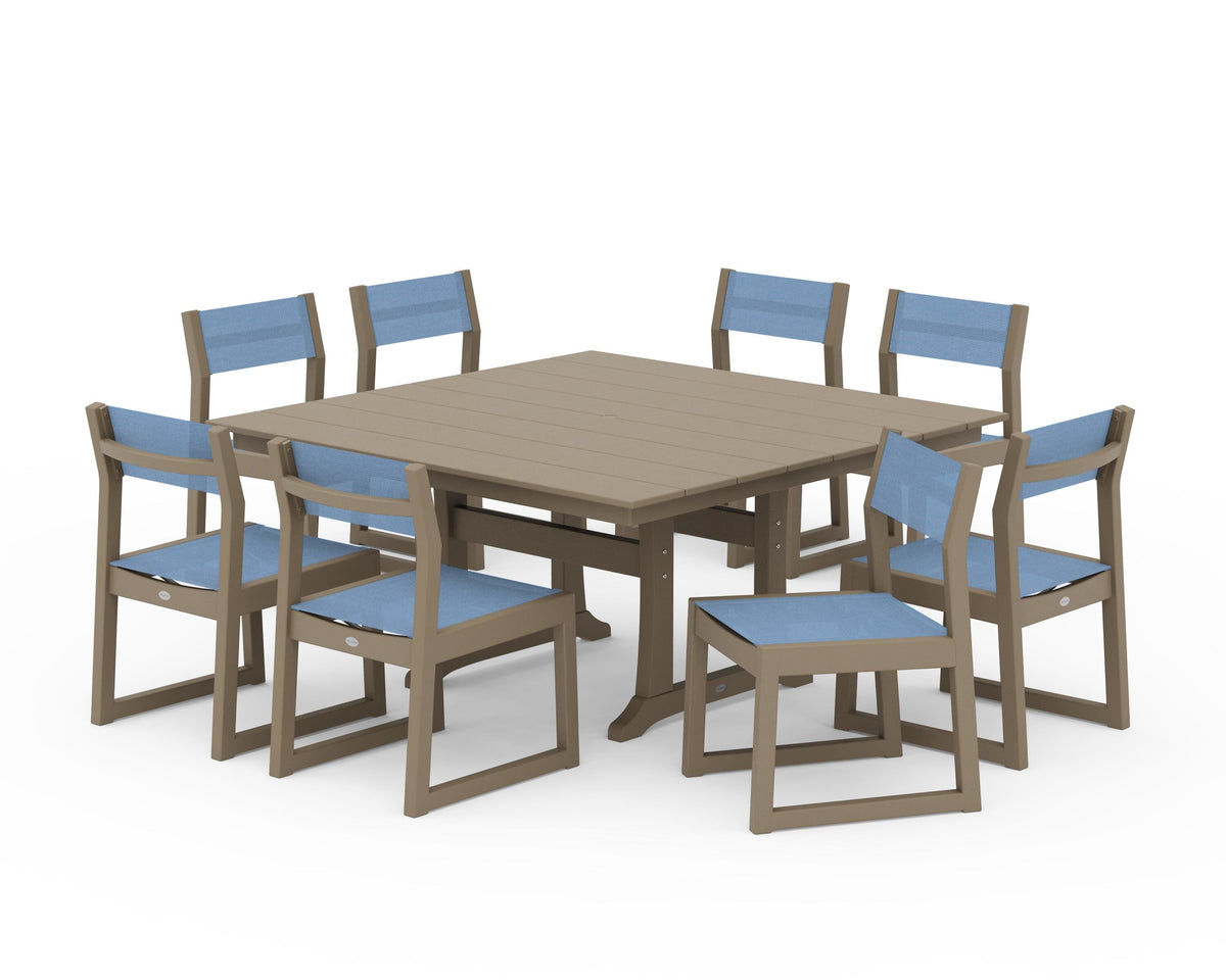POLYWOOD EDGE Sling Side Chair 9-Piece Farmhouse Trestle Dining Set in Vintage Sahara / Poolside