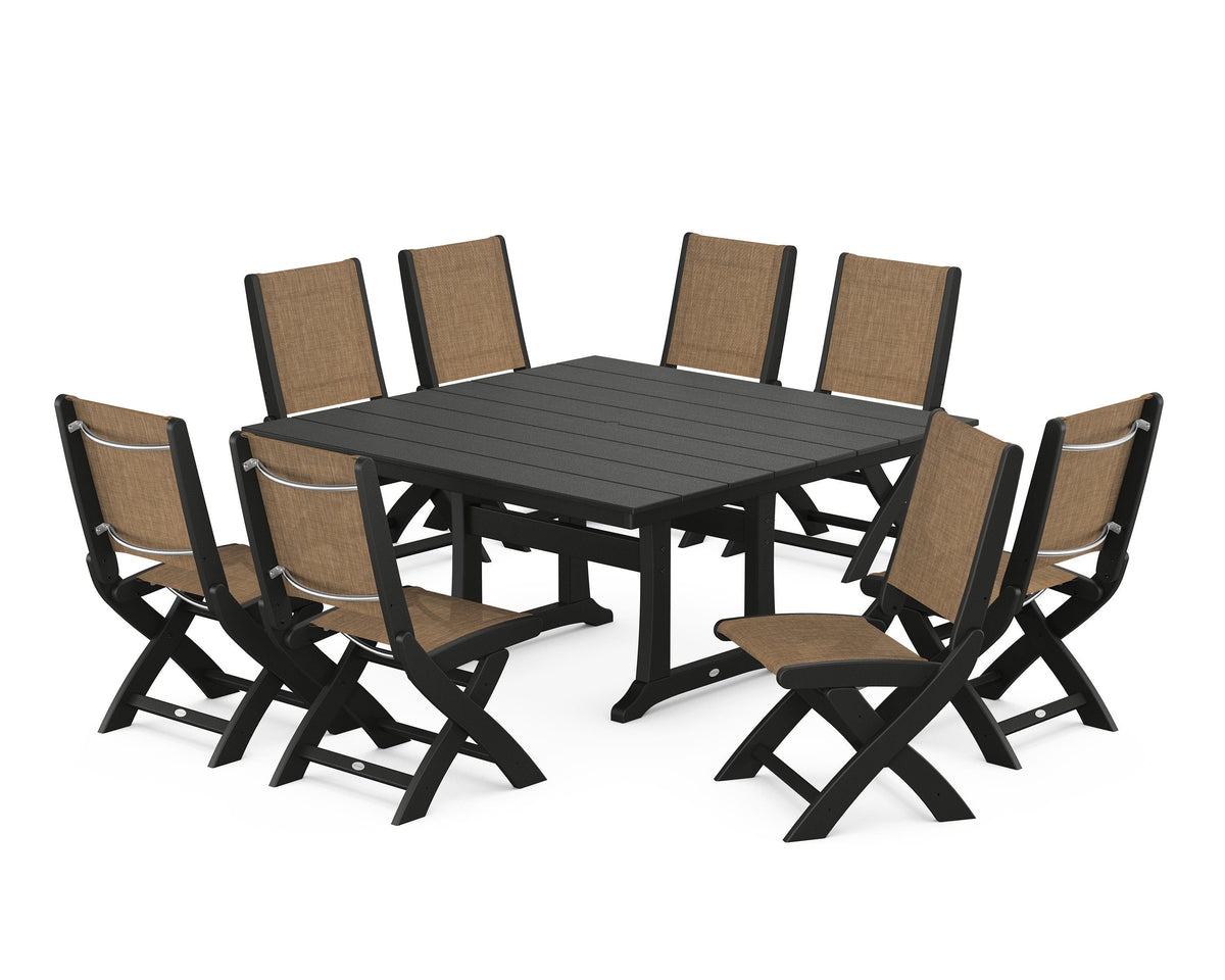 POLYWOOD Coastal Folding Side Chair 9-Piece Farmhouse Dining Set in Black / Burlap