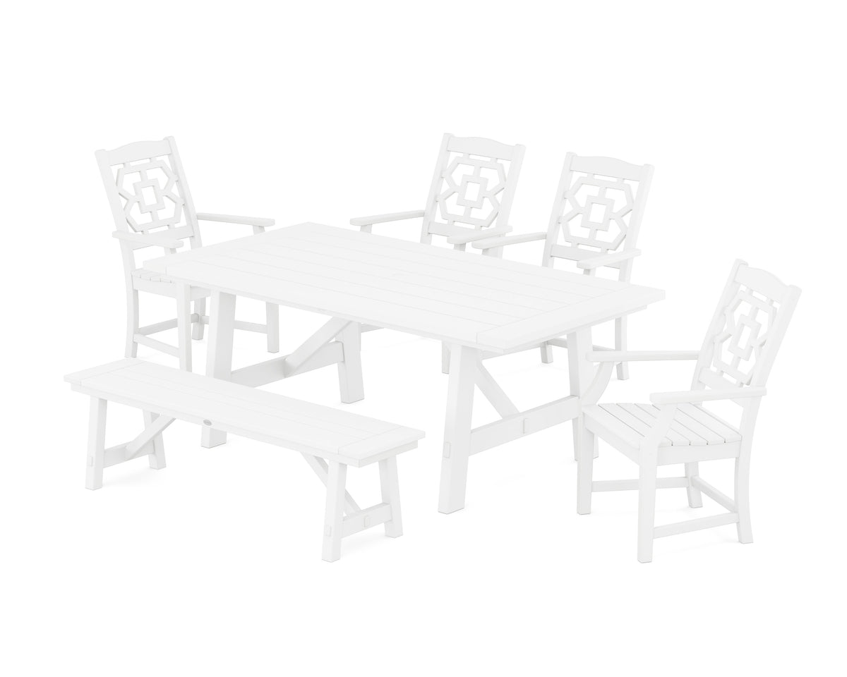 POLYWOOD Chinoiserie 6-Piece Rustic Farmhouse Dining Set with Bench in White