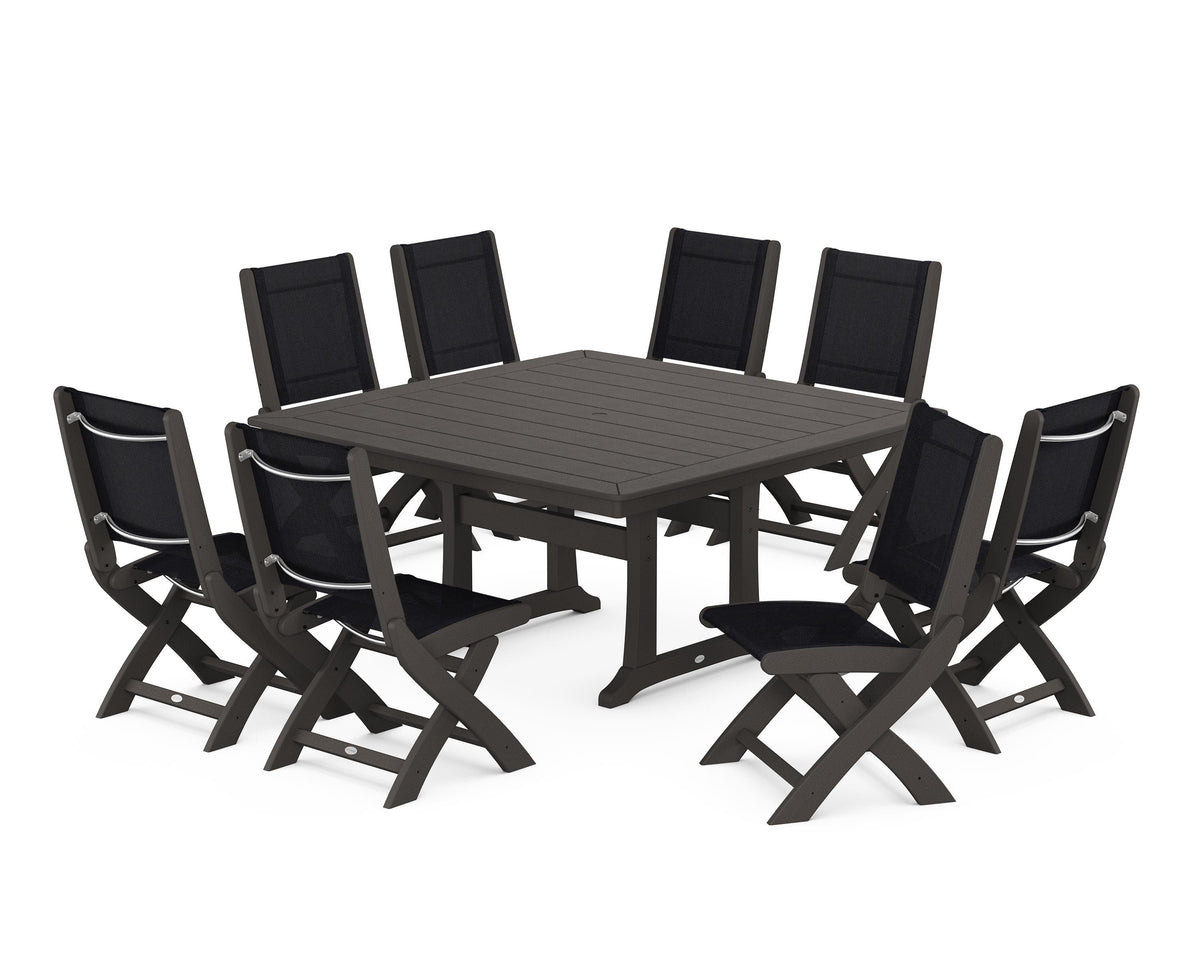 POLYWOOD Coastal Folding Side Chair 9-Piece Dining Set with Trestle Legs in Vintage Coffee / Black