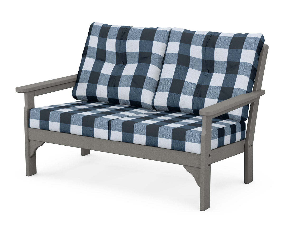 POLYWOOD Vineyard Deep Seating Loveseat in Slate Grey / Buffalo Plaid Marine Indigo