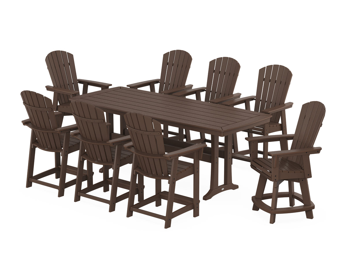 POLYWOOD Nautical Curveback Adirondack Swivel 9-Piece Counter Set with Trestle Legs in Mahogany