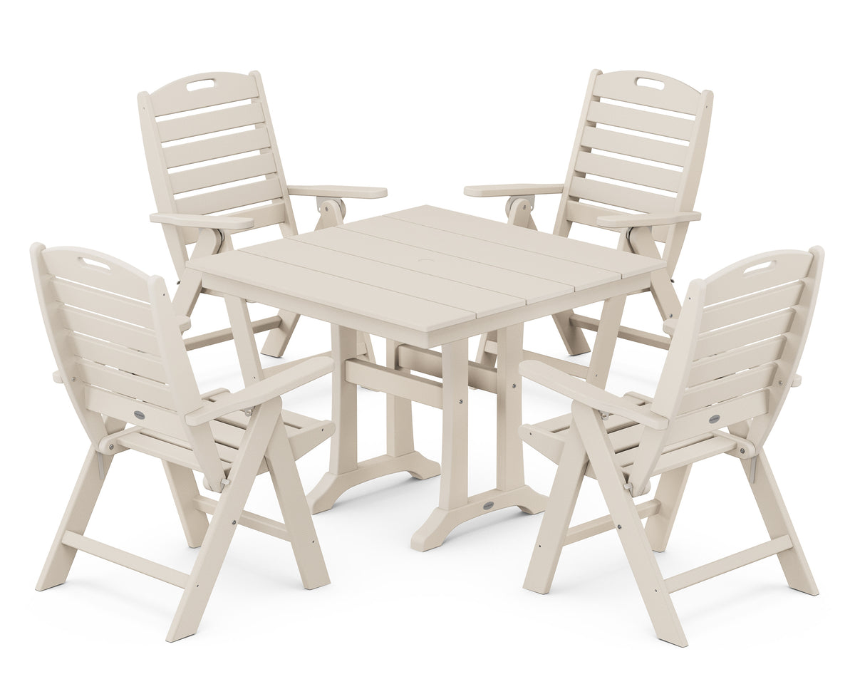 POLYWOOD Nautical Folding Highback Chair 5-Piece Farmhouse Trestle Dining Set in Sand