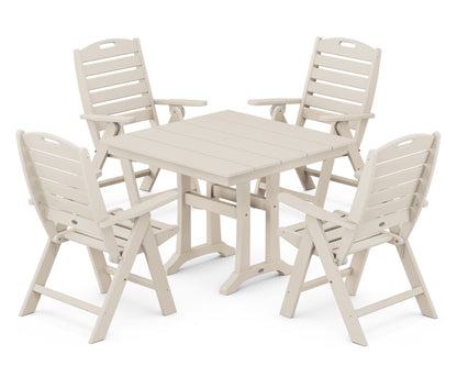 POLYWOOD Nautical Folding Highback Chair 5-Piece Farmhouse Trestle Dining Set in Sand