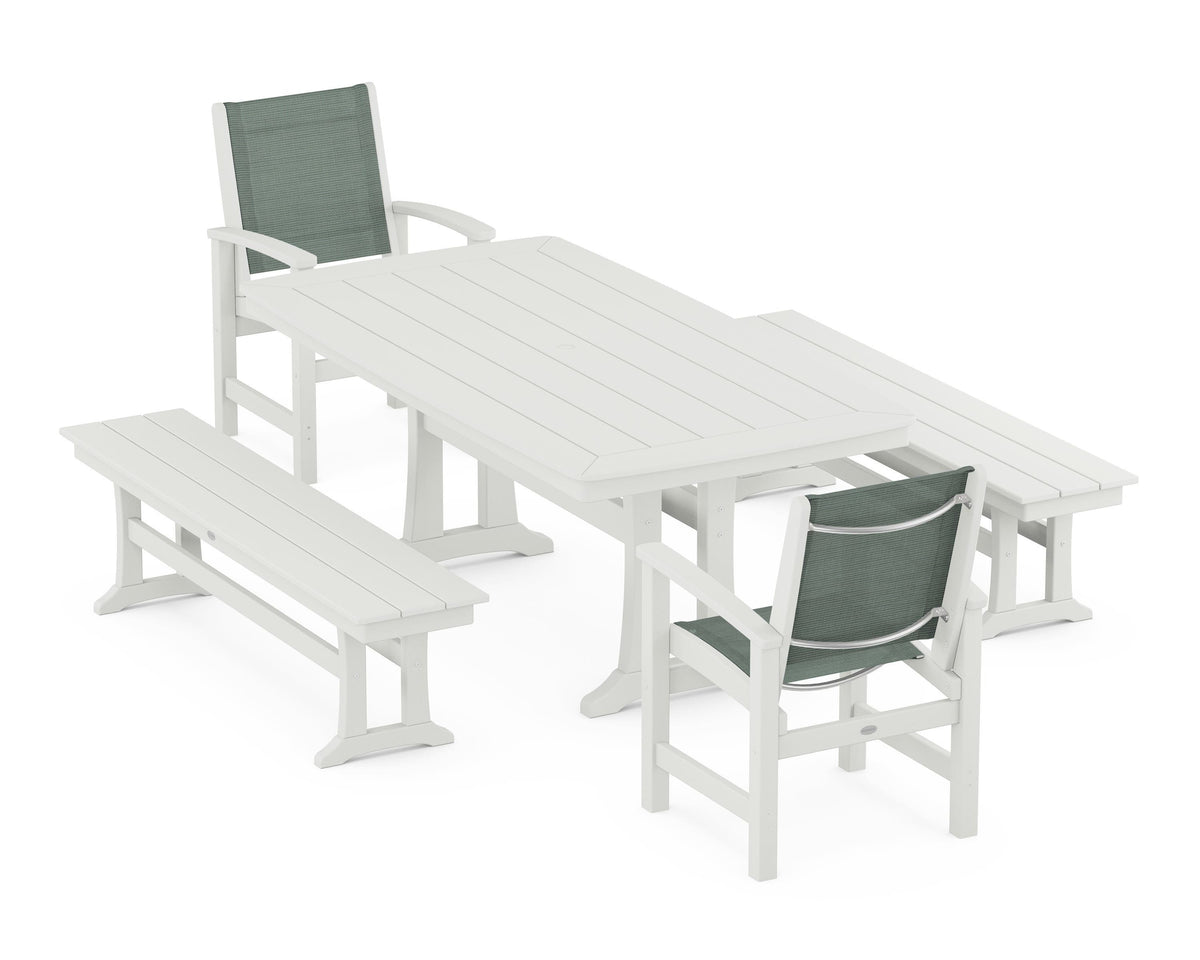 POLYWOOD Coastal 5-Piece Dining Set with Trestle Legs and Benches in Vintage White / Dupioni Sea Mist