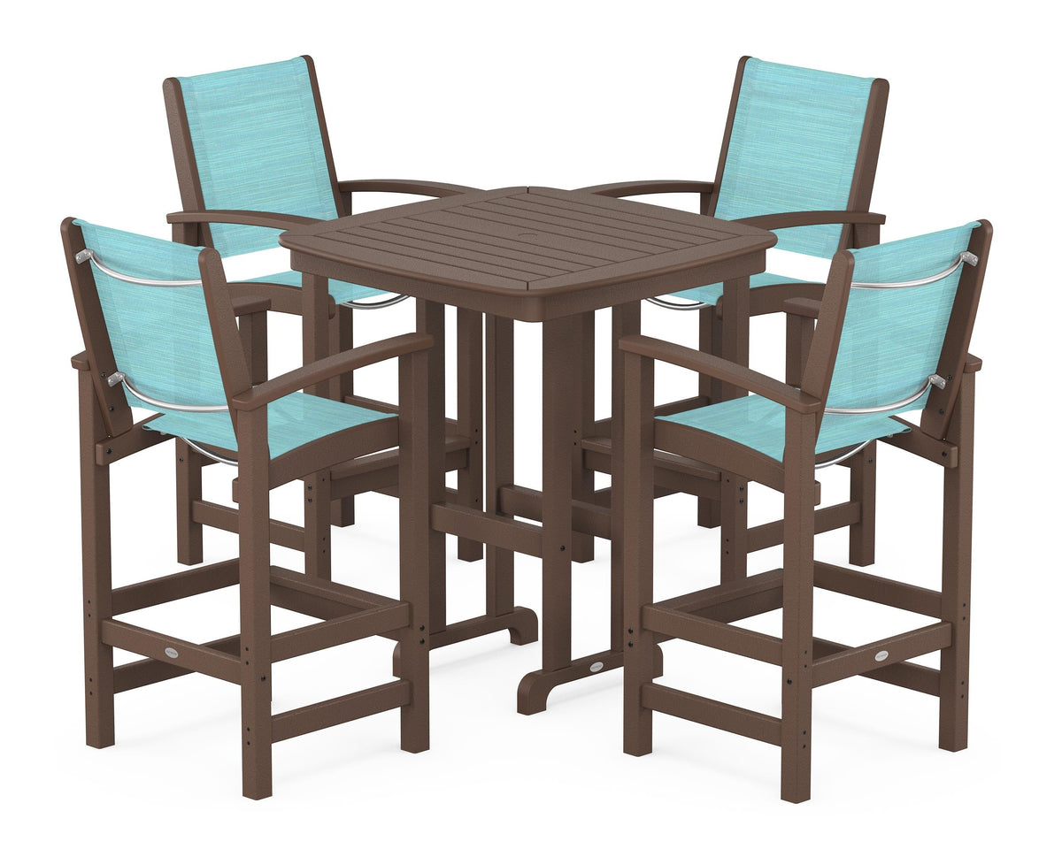 POLYWOOD Coastal 5-Piece Bar Set in Mahogany / Dupioni Aquamarine
