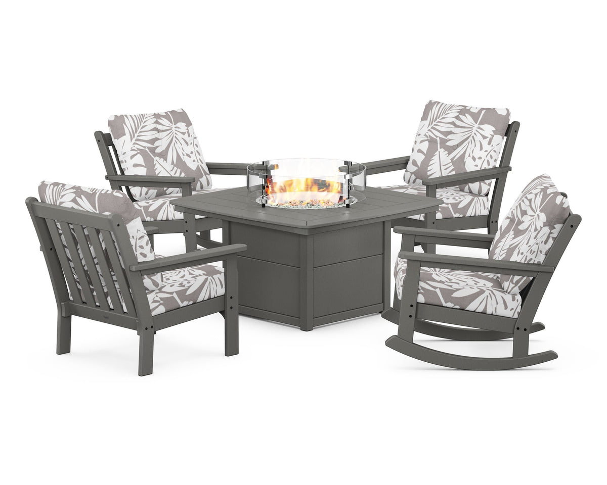 POLYWOOD Vineyard 5-Piece Deep Seating Rocking Chair Conversation Set with Fire Pit Table in Slate Grey / Leaf Grey Mist