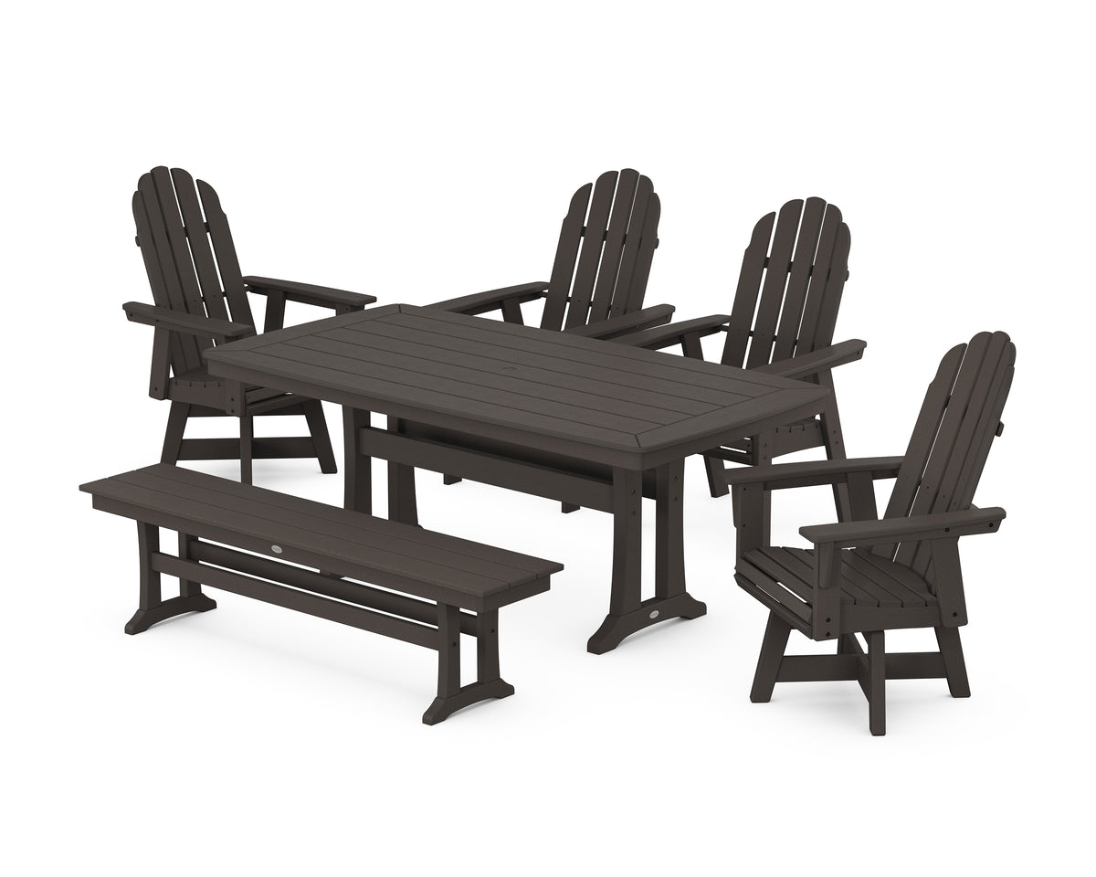 POLYWOOD Vineyard Curveback Adirondack Swivel Chair 6-Piece Dining Set with Trestle Legs and Bench in Vintage Coffee