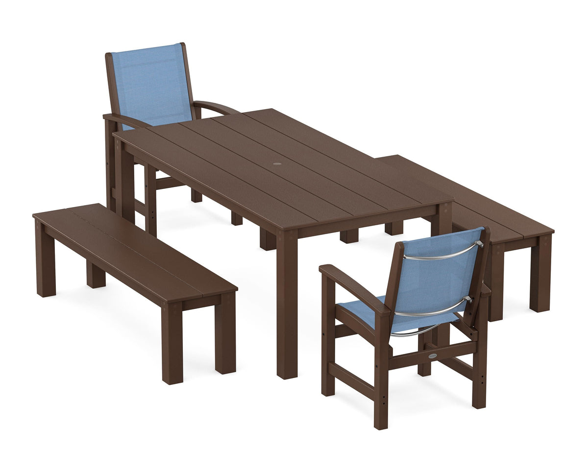 POLYWOOD Coastal 5-Piece Parsons Dining Set with Benches in Mahogany / Poolside