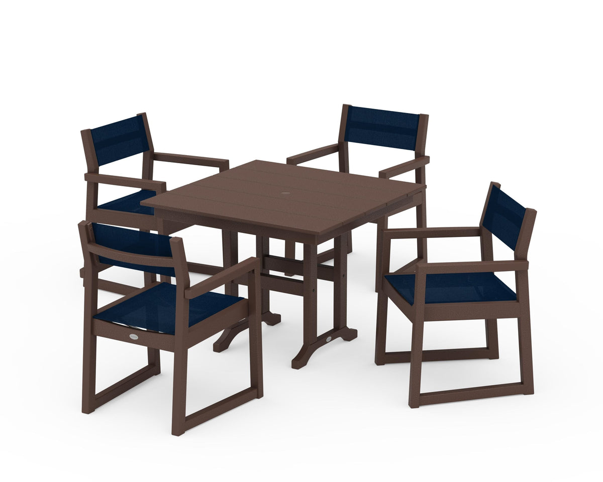 POLYWOOD EDGE Sling Arm Chair 5-Piece Farmhouse Dining Set in Mahogany / Navy Blue