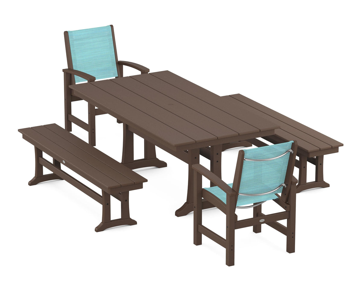 POLYWOOD Coastal 5-Piece Farmhouse Dining Set with Trestle Legs and Benches in Mahogany / Dupioni Aquamarine