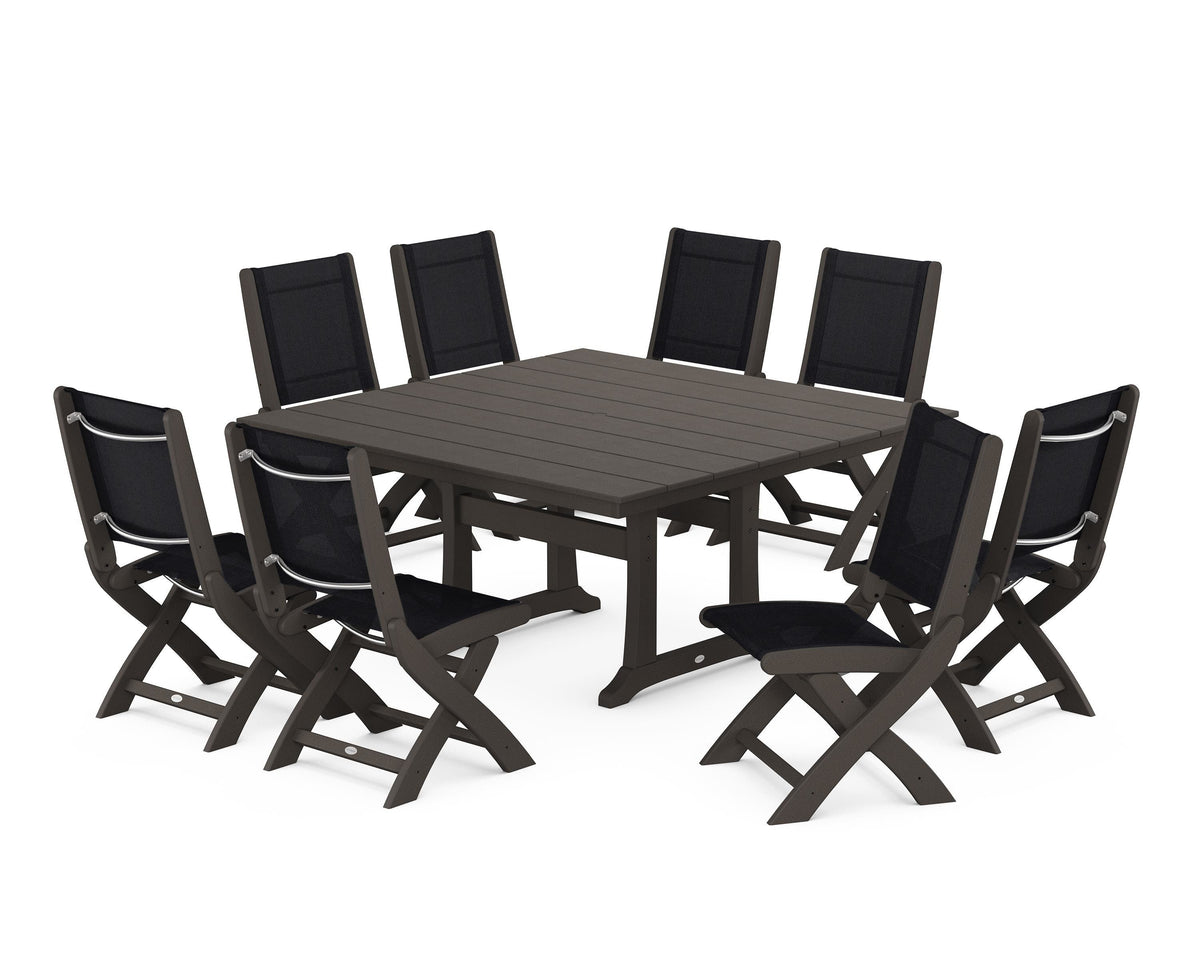 POLYWOOD Coastal Folding Side Chair 9-Piece Farmhouse Dining Set in Vintage Coffee / Black