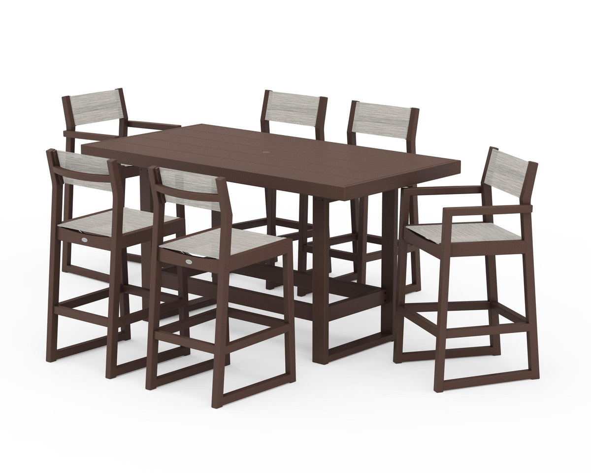 POLYWOOD EDGE Sling 7-Piece Bar Table Set in Mahogany / Birch