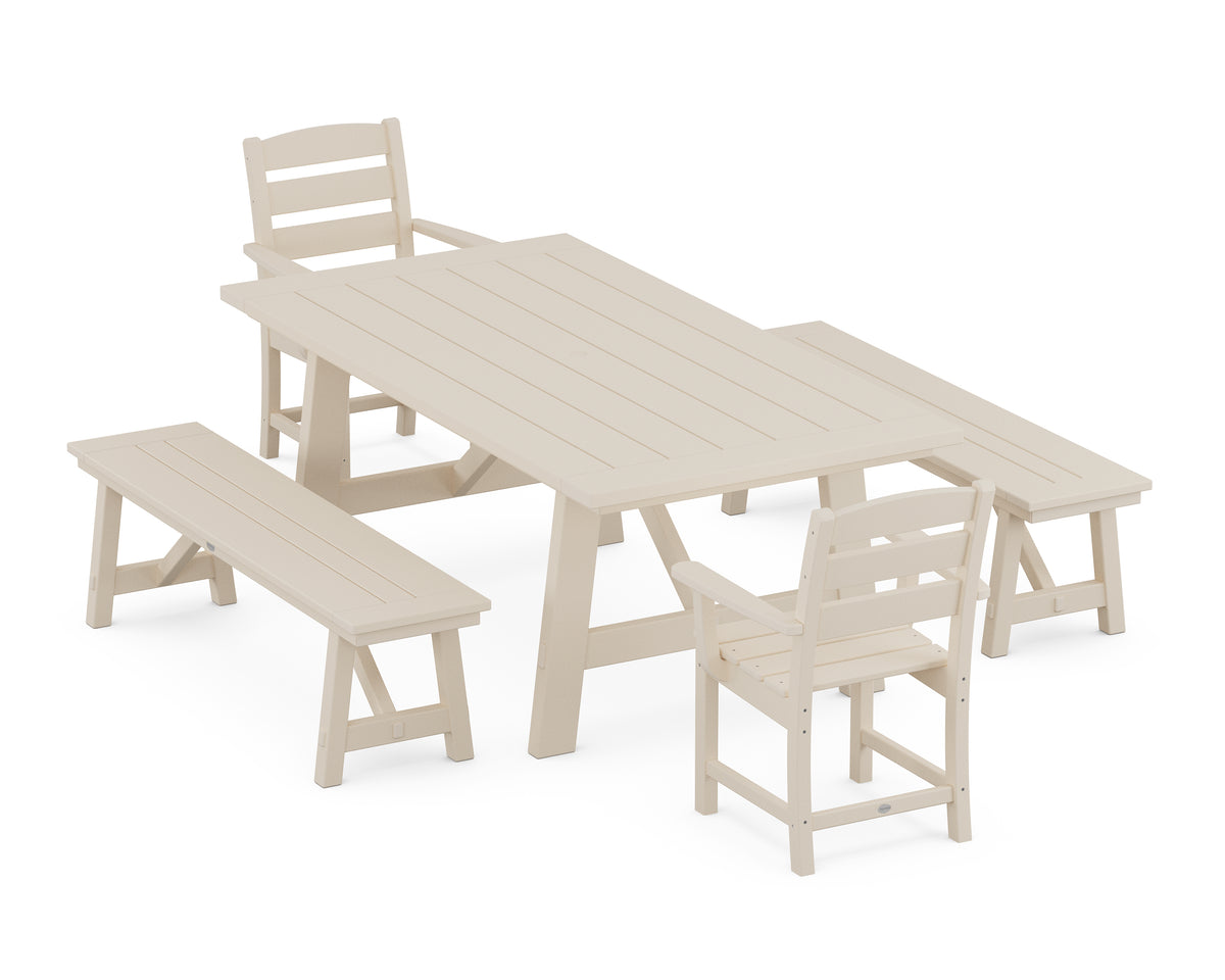 POLYWOOD Lakeside 5-Piece Rustic Farmhouse Dining Set with Benches in Sand