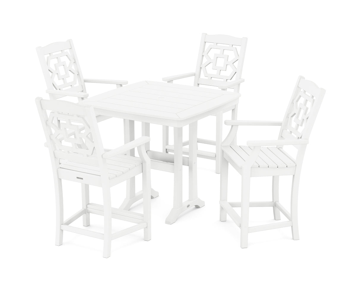 POLYWOOD Chinoiserie 5-Piece Counter Set with Trestle Legs in White