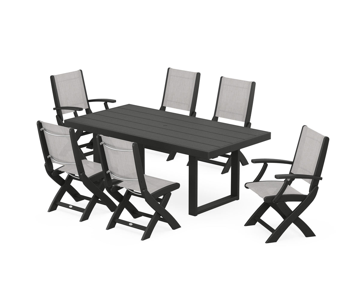 POLYWOOD Coastal Folding Chair 7-Piece Dining Set with Trestle Legs with EDGE 40" x 78" Dining Table in Black / Parchment