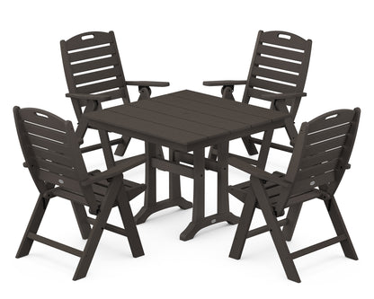 POLYWOOD Nautical Folding Highback Chair 5-Piece Farmhouse Trestle Dining Set in Vintage Coffee